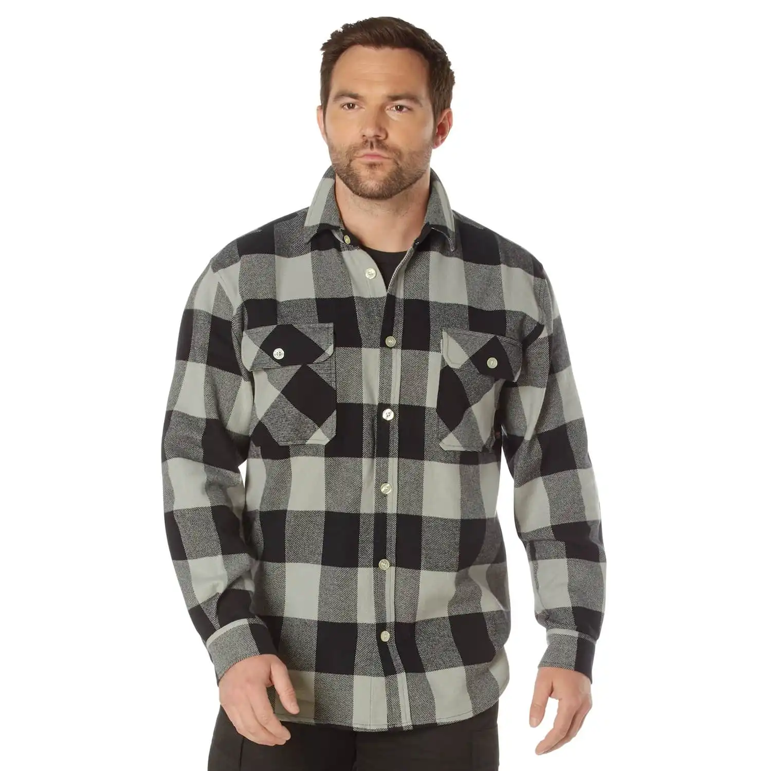 Heavyweight Gray Buffalo Plaid Flannel Shirt