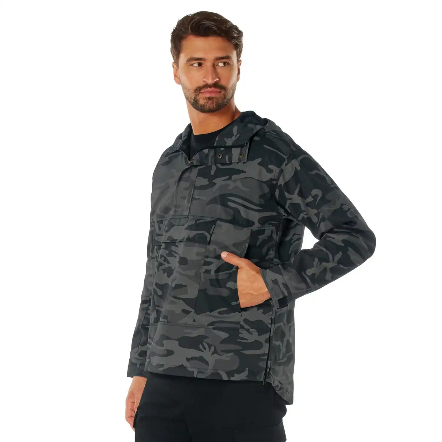 Alternative view of Black Camo Military Style Hooded Anorak Parka