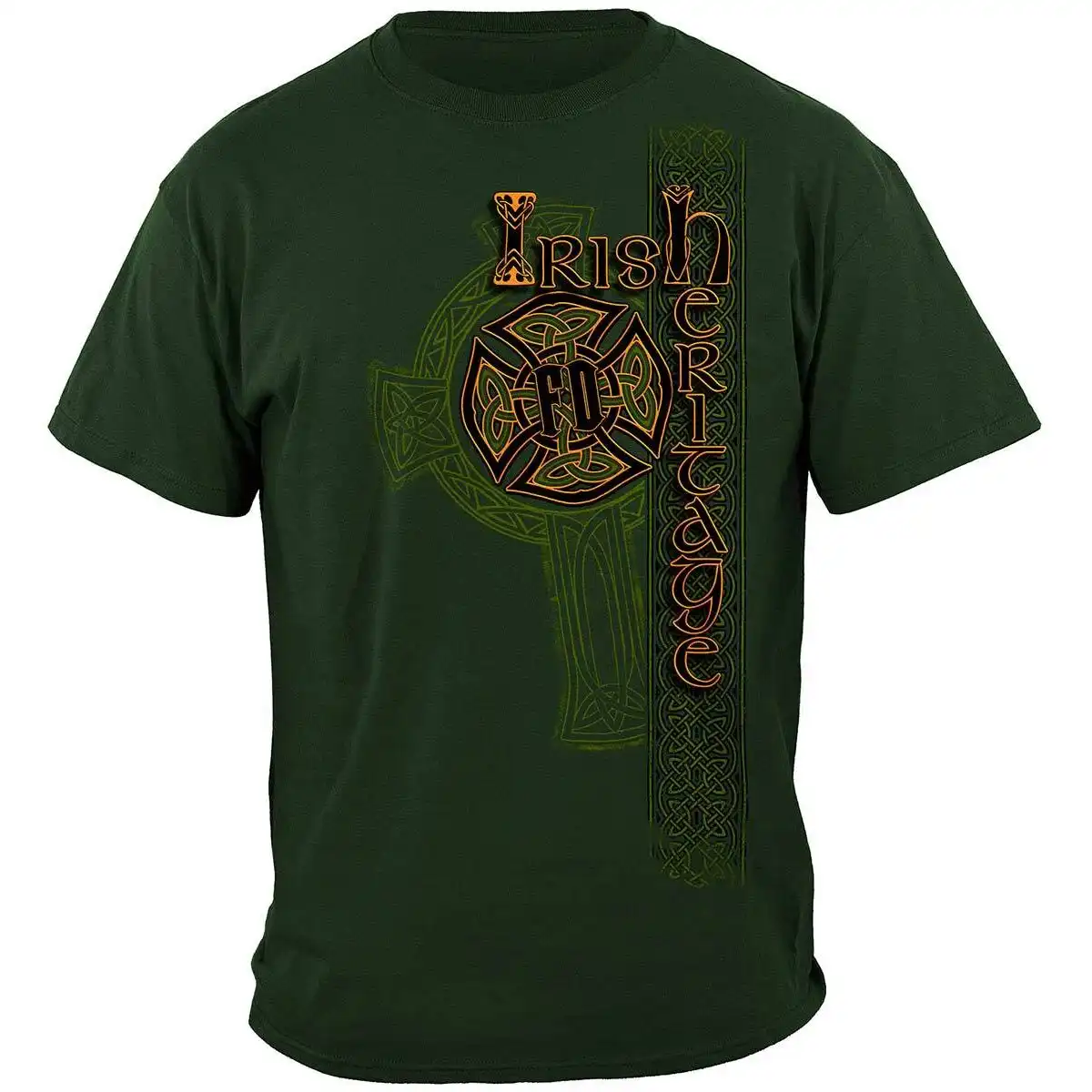 Alternative view of Irish Heritage Gold Cross Firefighter T-Shirt - Hunter Green