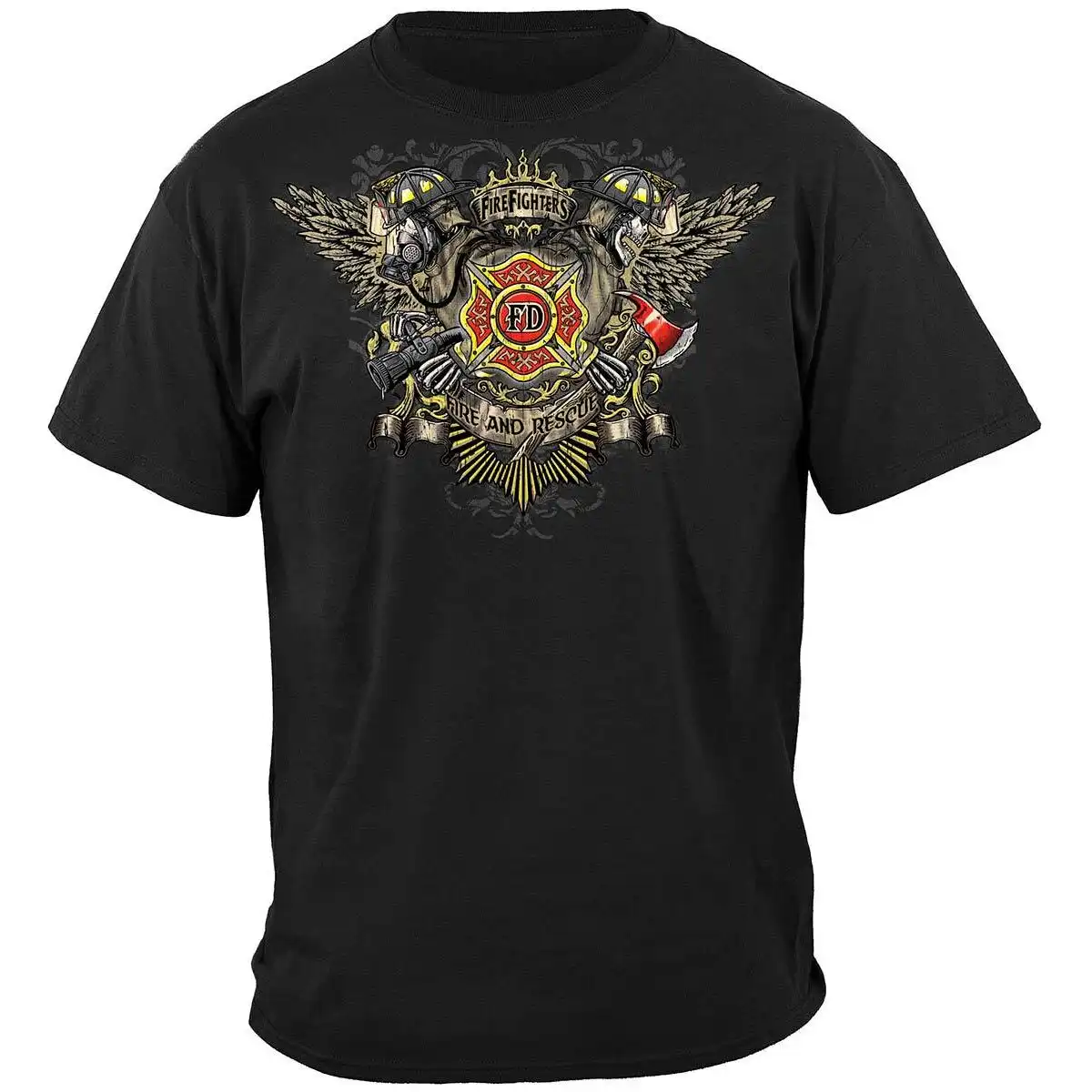 Alternative view of Skull and Wings Full Front and Back Firefighter T-Shirt - Black