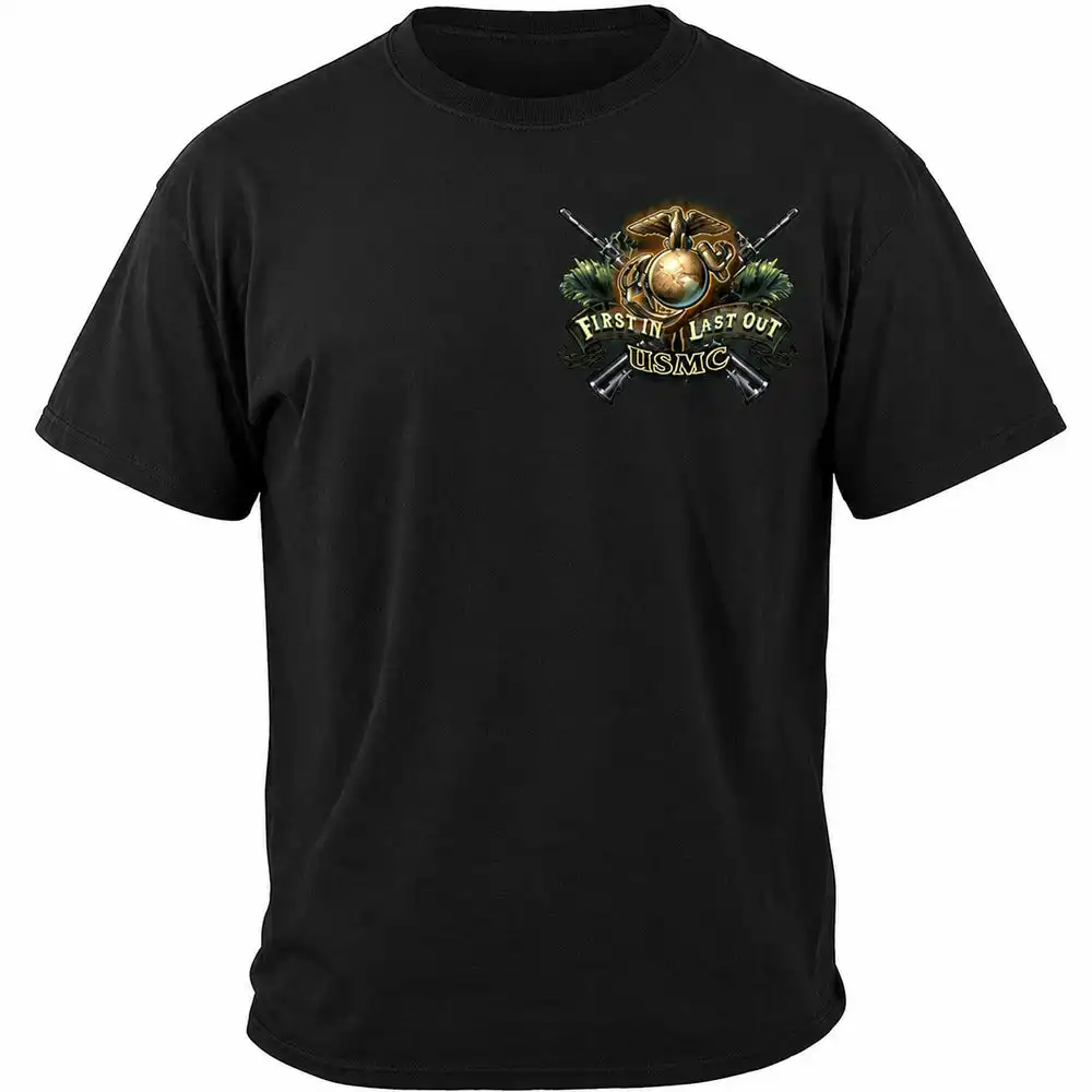 Alternative view of First in Last Out USMC in the Bush T-shirt